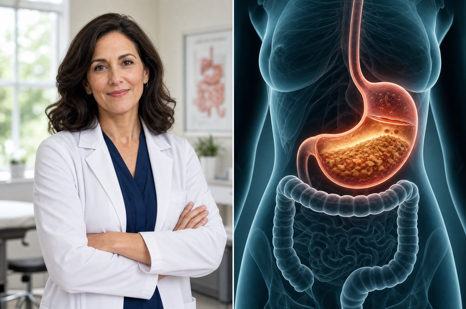 Dr. Karen Mercer, gastroenterologist, beside a cross-section showing food backed up in a stalled stomach