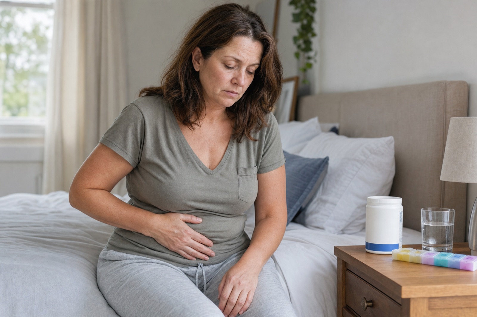A woman on a GLP-1 medication holding her bloated abdomen beside a bottle of laxative powder