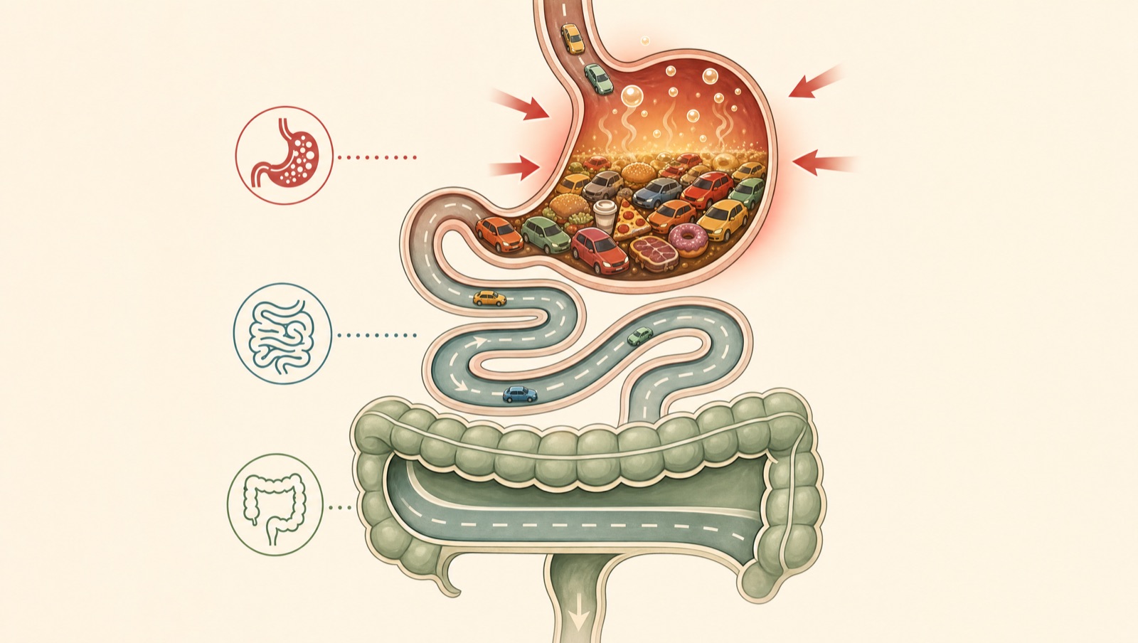 Diagram of the digestive tract as a highway: the stomach on-ramp backed up while the colon off-ramp sits empty