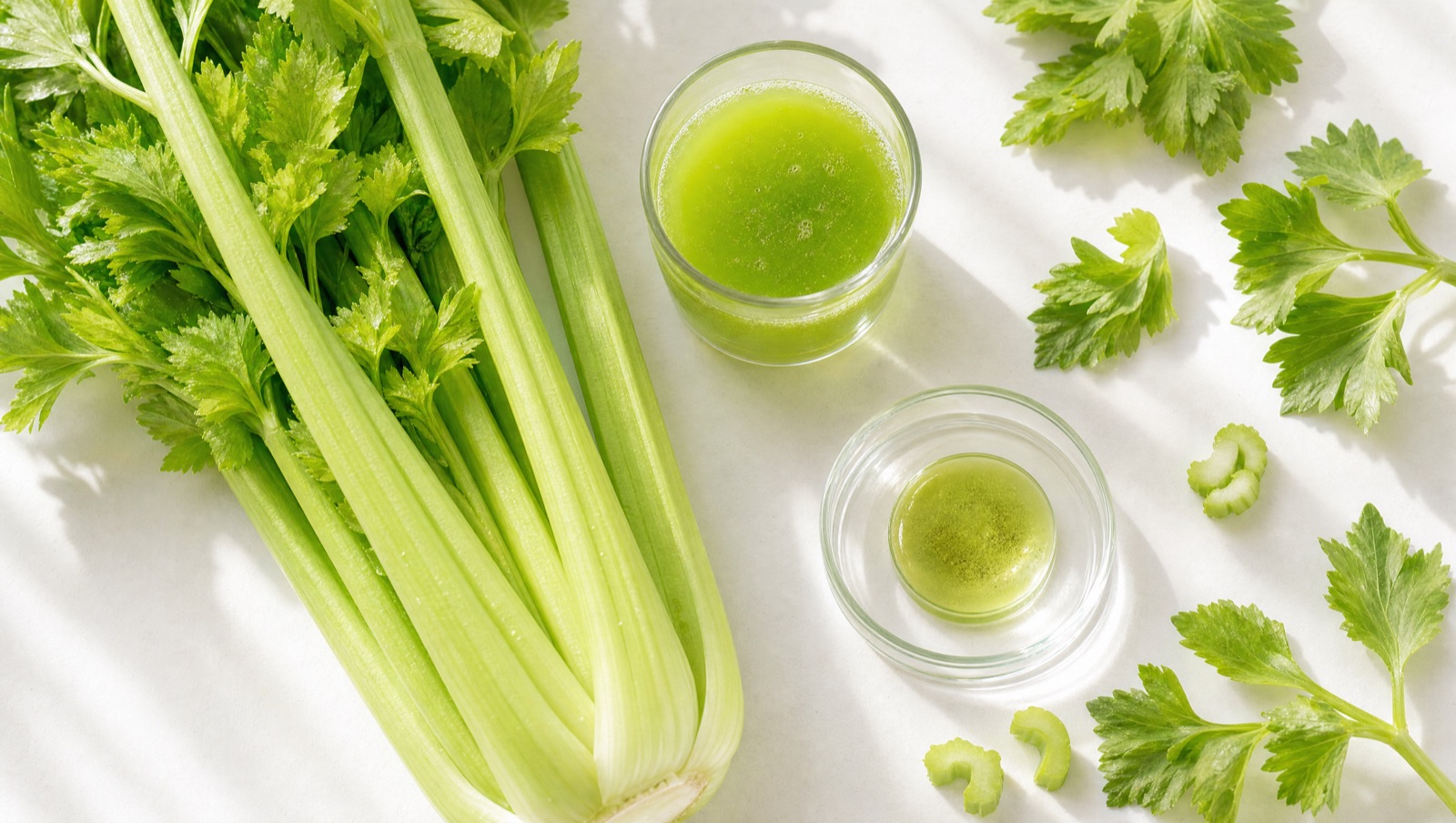 Fresh celery, celery juice, and concentrated green extract representing apigenin