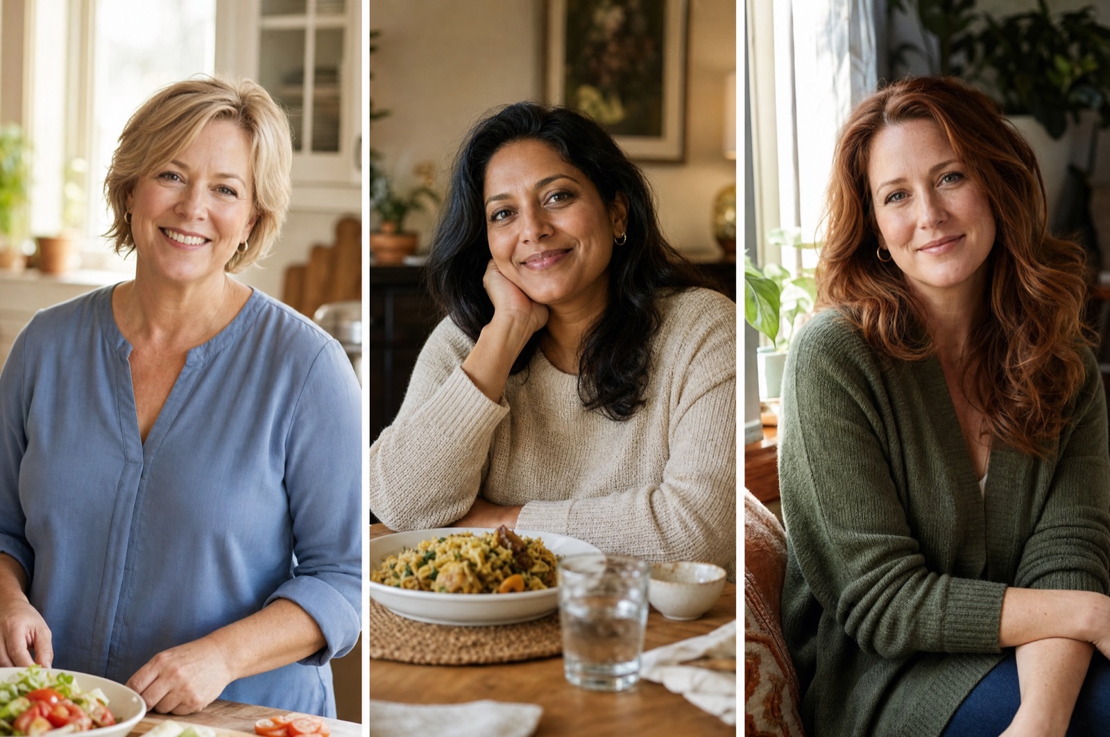 Three women who use GLP-1 medications, relaxed and comfortable at home
