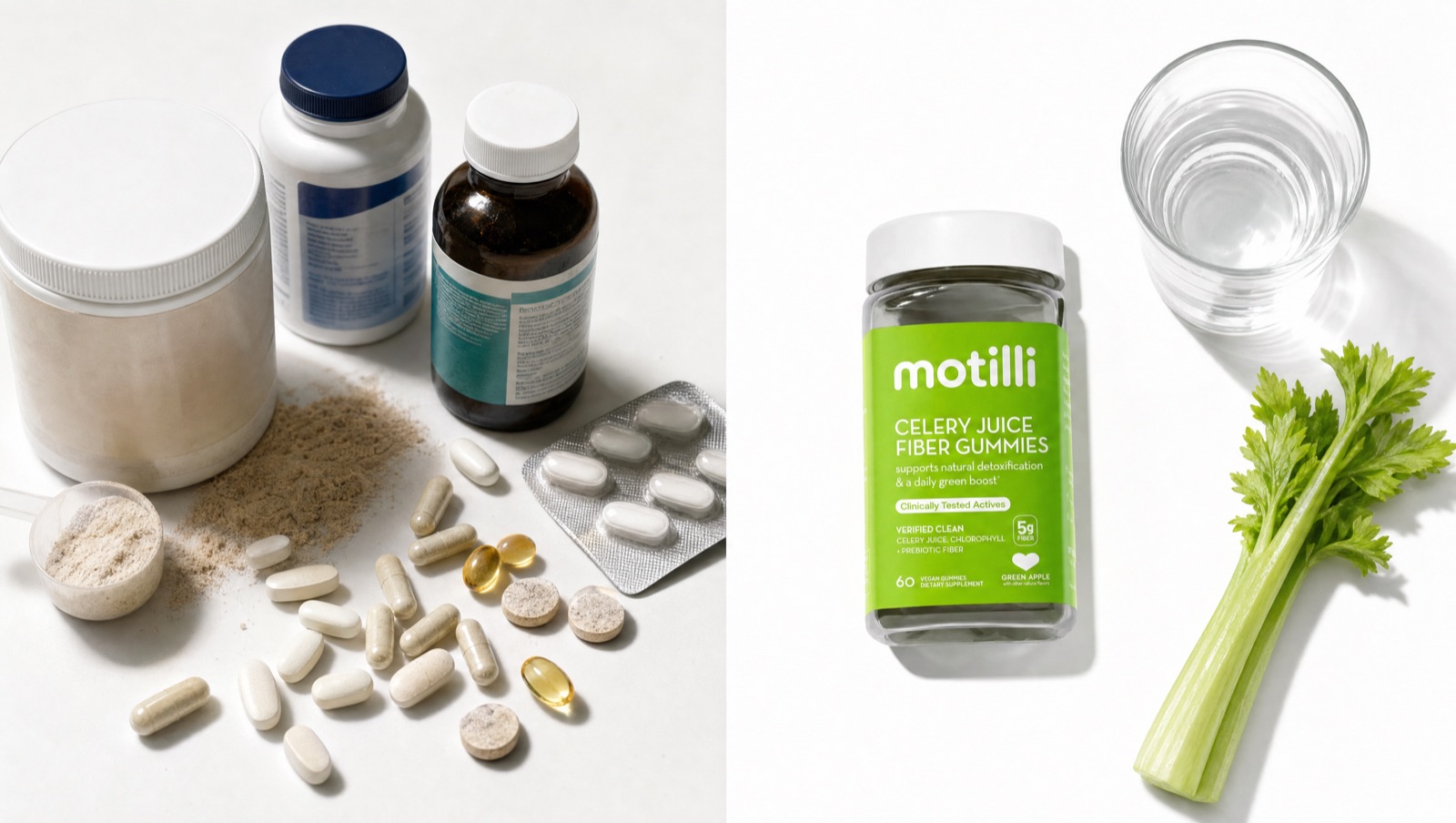 A cluttered shelf of laxatives beside a single Motilli bottle on a clean counter